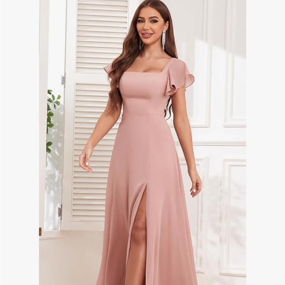 Bridesmaid Dress with Sleeves Chiffon A Line Long Formal Dresses with Slit - Picture 4 of 7